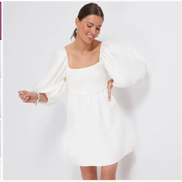 Tuckernuck Annie Dress Smocked Puff Sleeve Linen Short White Cottagecore Small - Picture 2 of 10